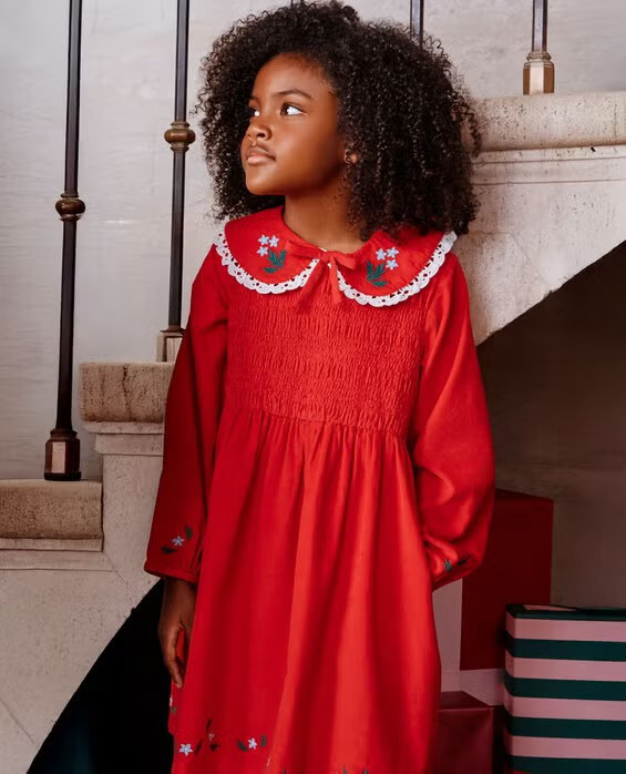 Girls' Ribbon Red Balloon Sleeve Collared Corduroy Dress with Pockets in 100% Combed Cotton - Size Toddler 3 by Hanna Andersson | Hanna Andersson