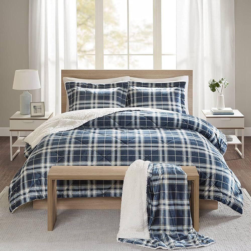 Comfort Spaces Aaron Sherpa Comforter and Throw Combo Set, Ultra Softy Fluffy Warm Checker Plaid ... | Amazon (US)