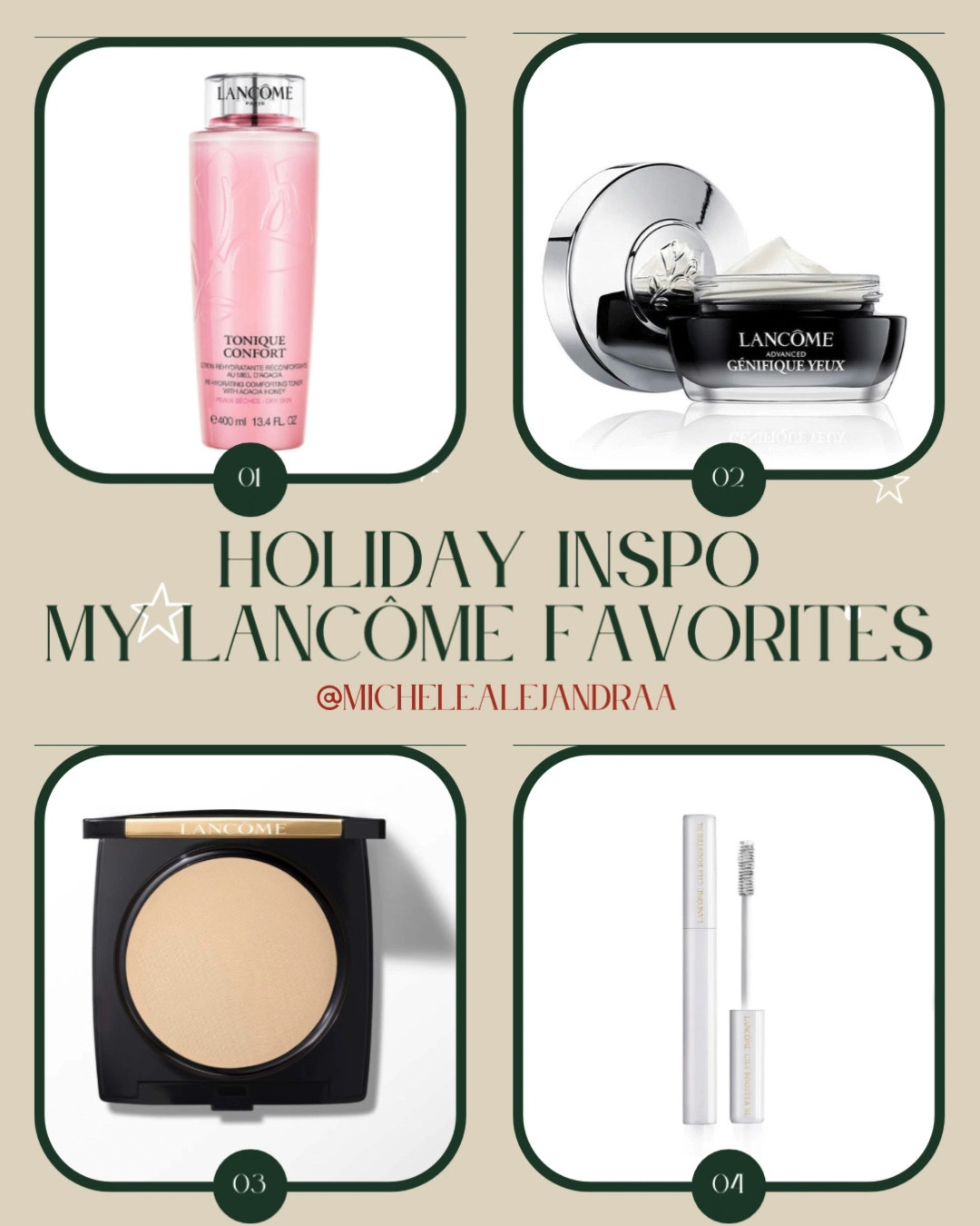 Time is running out to get the LANCÔME HOLIDAY BEAUTY BOX
YOURS FOR $79 WITH ANY PURCHASE (A $588 VALUE)

My Lancôme favorites are TONIQUE CONFORT HYDRATING TONER WITH HYALURONIC ACID Tonique Confort’s silky, milk-like texture is easily spread and quickly absorbed. The formula glides on skin as it provides nourishing moisture and removes impurities. This toner is suitable for all skin types, even sensitive skin and will not leave the skin feeling sticky or greasy. I apply with my hands and pat into skin.

ADVANCED GÉNIFIQUE EYE CREAM Instantly: Eyes feel hydrated all day long, fine lines around the eyes are visibly smoother*
In One Jar: The appearance of wrinkles under the eyes and dark circles are visibly reduced** i apply by tapping with my ring finger.

DUAL FINISH POWDER FOUNDATION
BUILDABLE & MATTIFYING A sheer to full-coverage, versatile, mattifying and long-lasting powder and foundation in one. Applies wet or dry.

Dual Finish is a multi-purpose powder and foundation in one. It is is a face powder with a weightless feel with a natural matte, shine-free finish.  It does not cake or dry out skin. Wear it over face primer or makeup base and concealer for that flawless nude makeup/natural makeup look.

CILS BOOSTER XL ENHANCING LASH & MASCARA PRIMER
PRIMING & CONDITIONING Cils Booster XL takes your mascara one-step further. Multi-purpose, this creamy and conditioning formula, not only lengthens and thickens lashes, but can also be worn overnight as a “lash mask.”Simply apply on clean lashes to nourish and rejuvenate before bed. 


#LTKover40 #LTKSeasonal #LTKGiftGuide