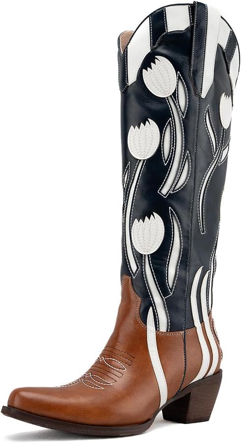 DREAMCIA Black Western Cowgirl Boots for Women Black Boots Mid Calf Embroidered Western Cowgirl B... | Amazon (US)