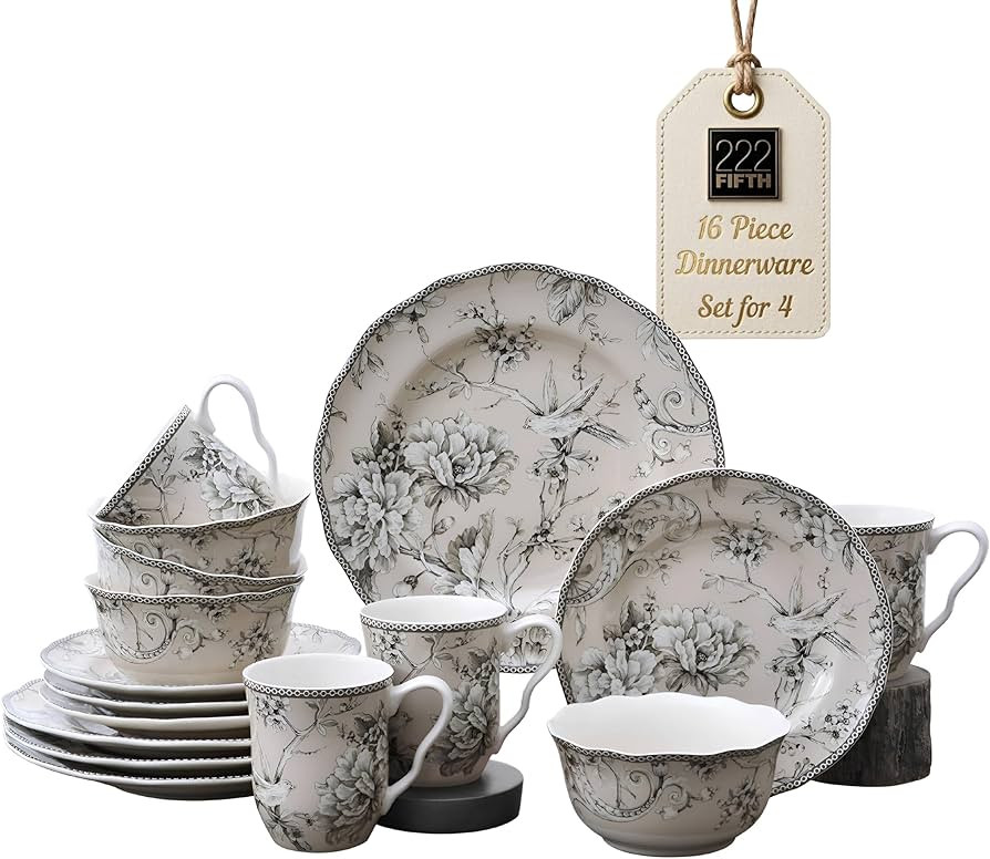222 Fifth Adelaide 16-Piece Traditional Antique White Porcelain Dinnerware Set \u2013 Service for... | Amazon (US)