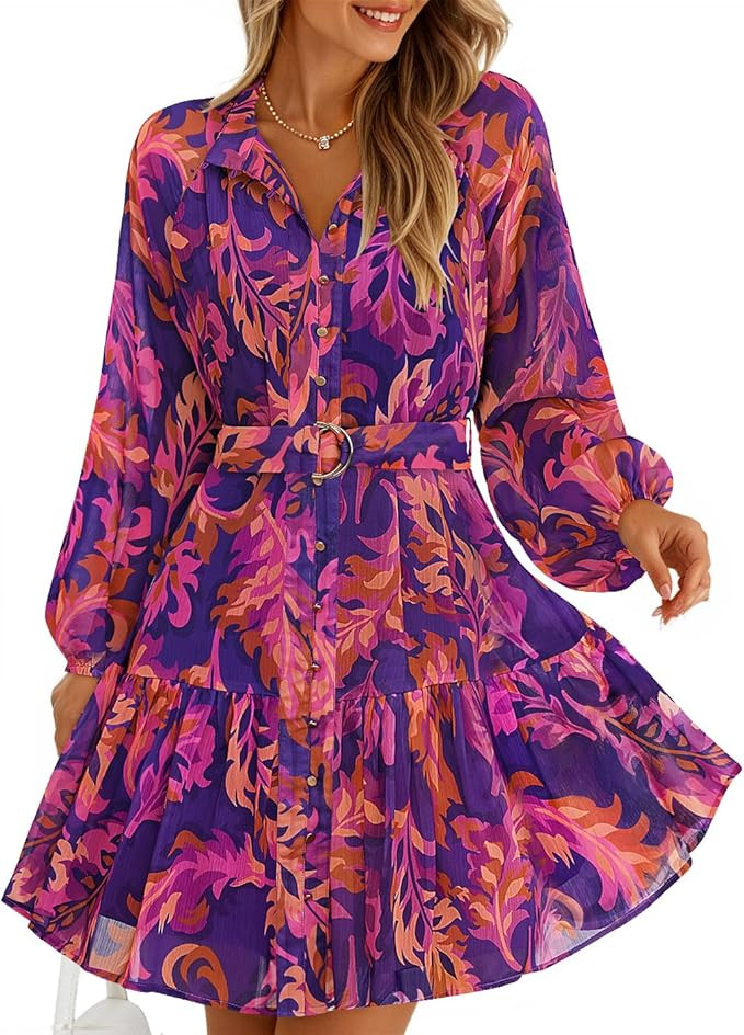 ZESICA Womens Spring Summer Floral Mini Dress Long Sleeve Button Chiffon A Line Swing Short Weddi... | Amazon (US)