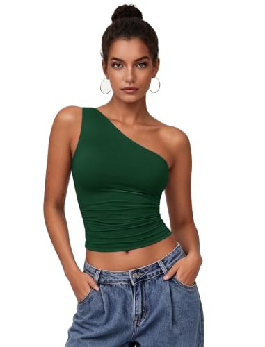 Avidlove Women's One Shoulder Top Double Lined Ruched Going Out Y2K Crop Top (Green M) | Amazon (US)