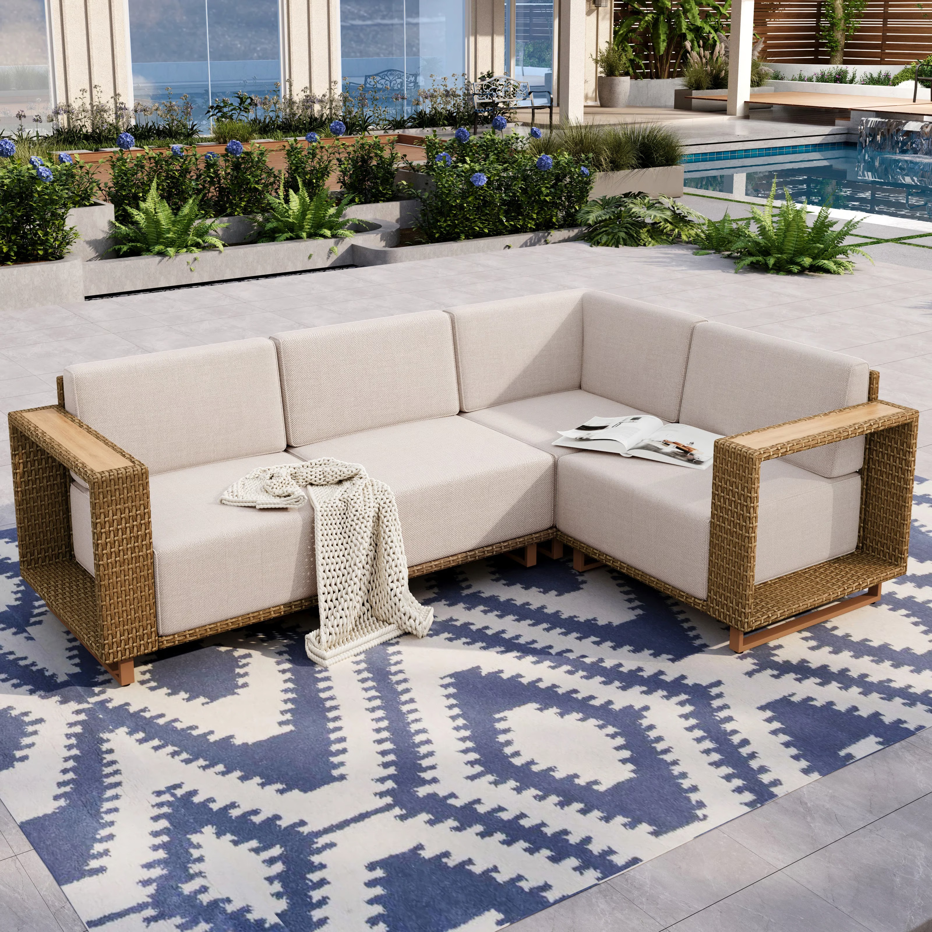 Wicker Patio Furniture Set Beige L-Shaped Modular Outdoor Sectional Sofa, 9.8 Inch Thick Cushions... | Wayfair North America