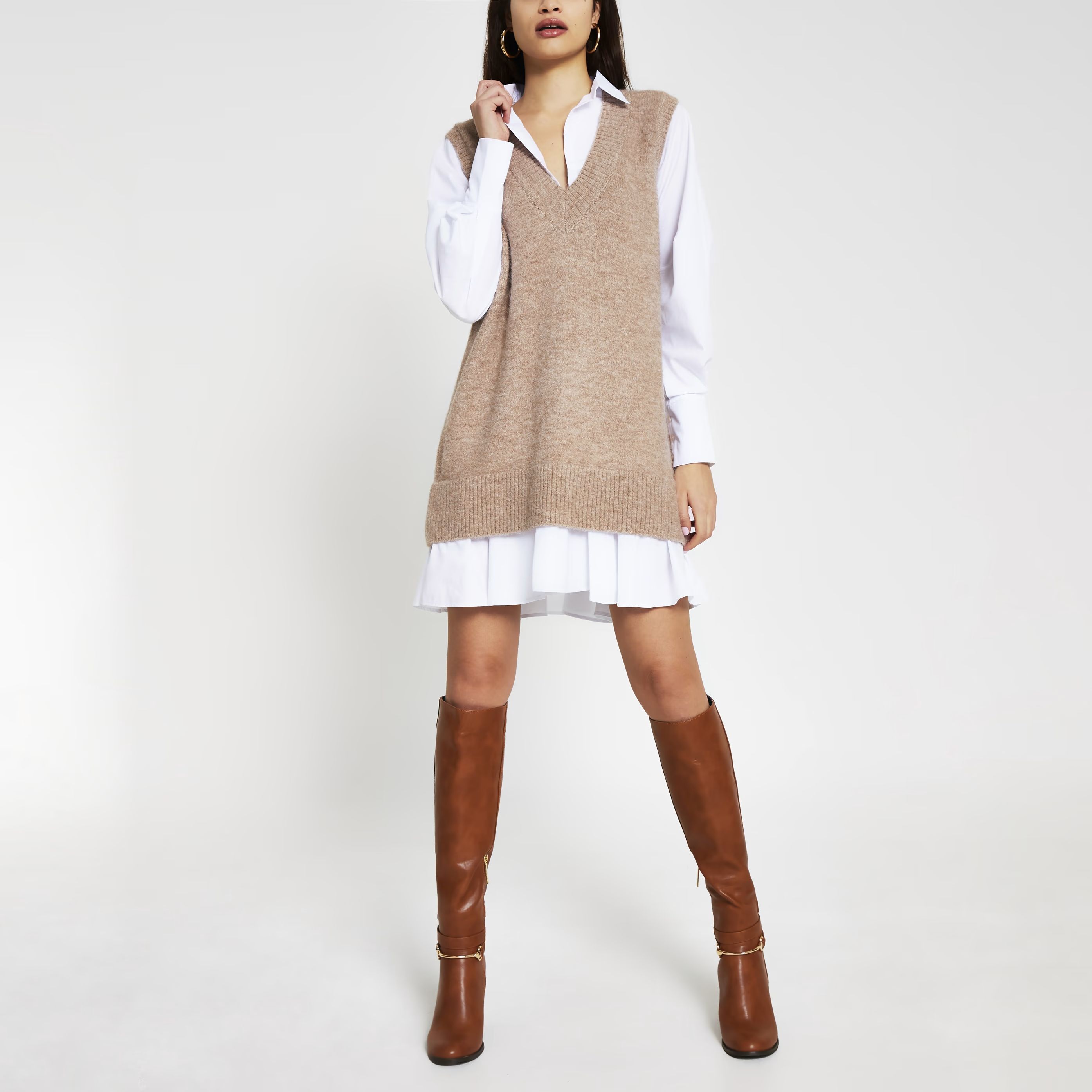 River Island Womens Beige Long Sleeve Hybrid Shirt Jumper Dress | River Island (UK & IE)