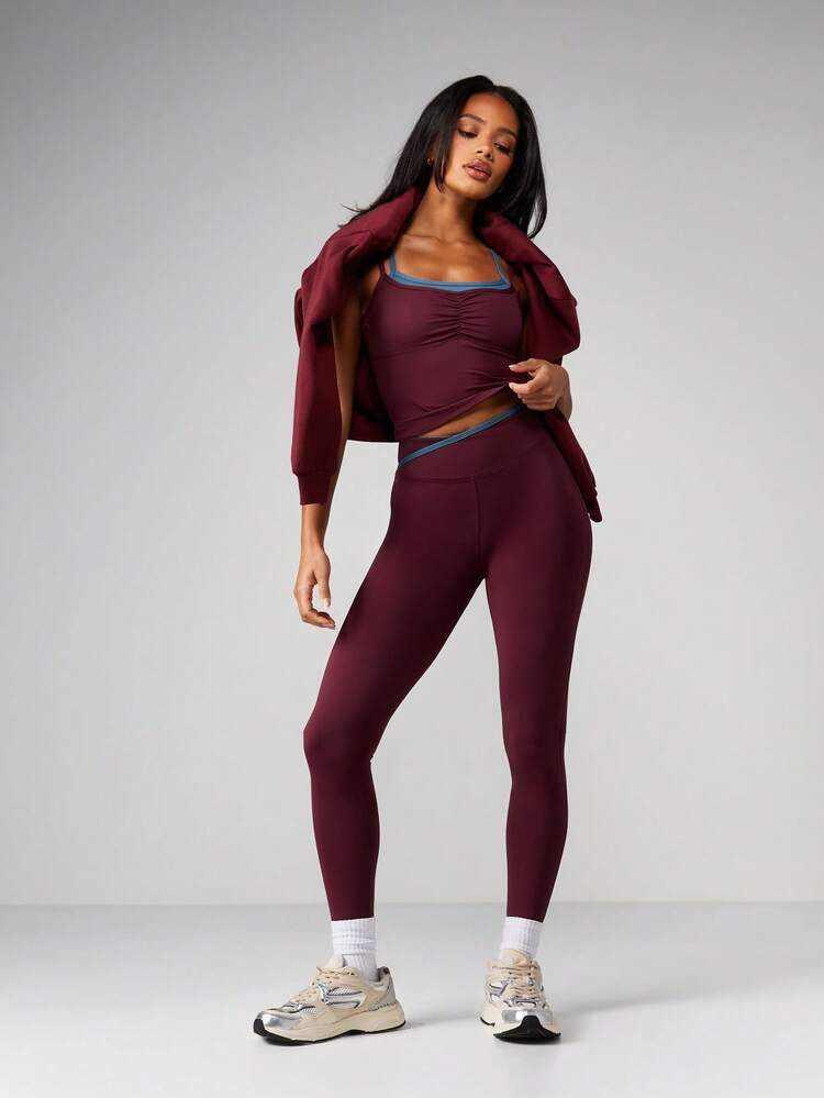 MISSGUIDED Burgundy Ruched Crop Tank Top And High Waisted Leggings Set With Blue Contrast Trim Athletic Co-Ord Outfit | SHEIN