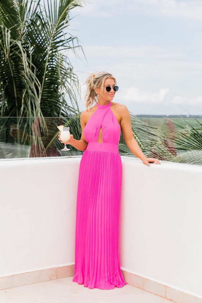 Sunny Gleam Pink Accordion Halter Maxi Dress | The Pink Lily Boutique