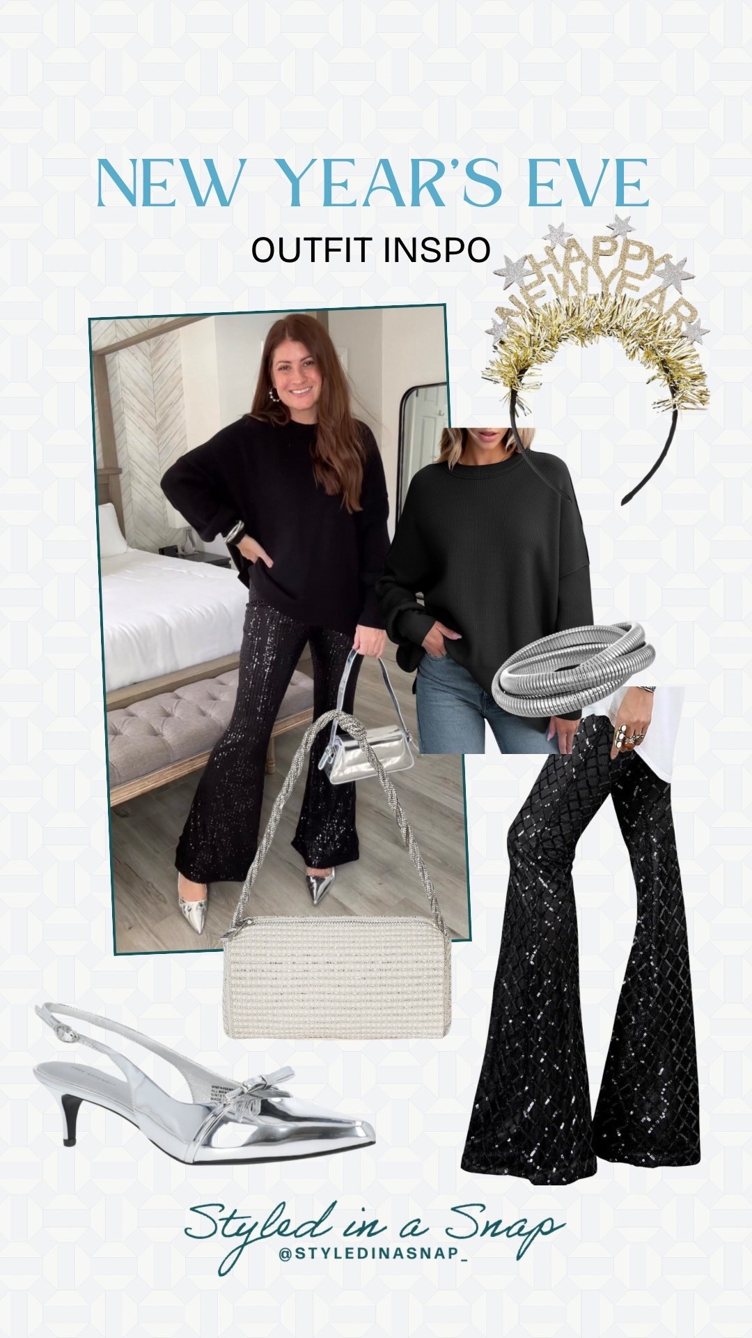Sequin pants are such a good option for NYE. I’m loving sparkle paired with the silver accessories and adorable and fun headband. I can’t believe it’s almost 2026, this year has flown by. 
NYE outfit inspo, black and silver NYE outfit inspo 

#LTKHoliday #LTKFindsUnder50 #LTKOver40