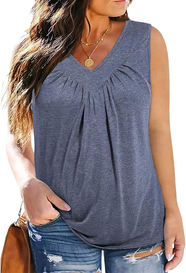 Eytino Plus Size Tank Tops for Women Summer V Neck Pleated Front Loose Casual Sleeveless Shirts B... | Amazon (US)