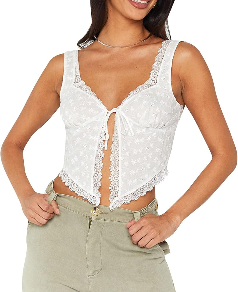 Y2k Tie Front Tops For Women Halterneck Crop Cami Bandage Open Front Backless Sleeveless Tank Top... | Amazon (US)