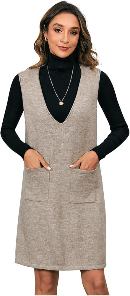 OYOANGLE Women's V Neck Sleeveless Knitted Solid Short Sweater Dress with Pockets | Amazon (US)