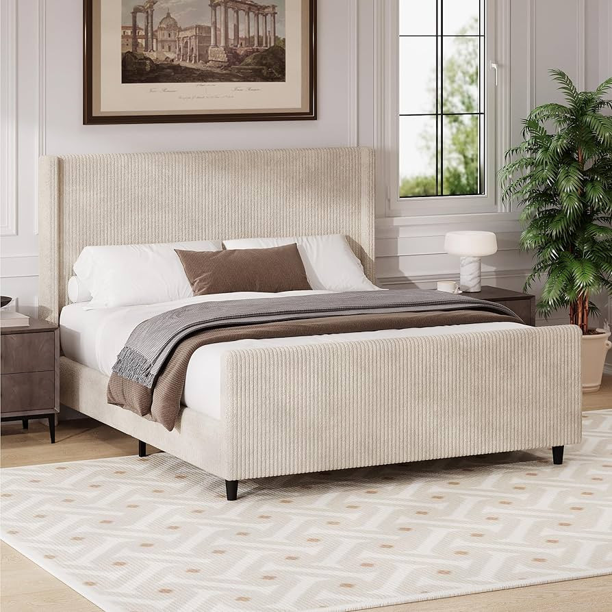 King Size Platform Bed, Upholstered Wooden Bed Frame with Vertical Stripe Wingback Headboard & Hi... | Amazon (US)