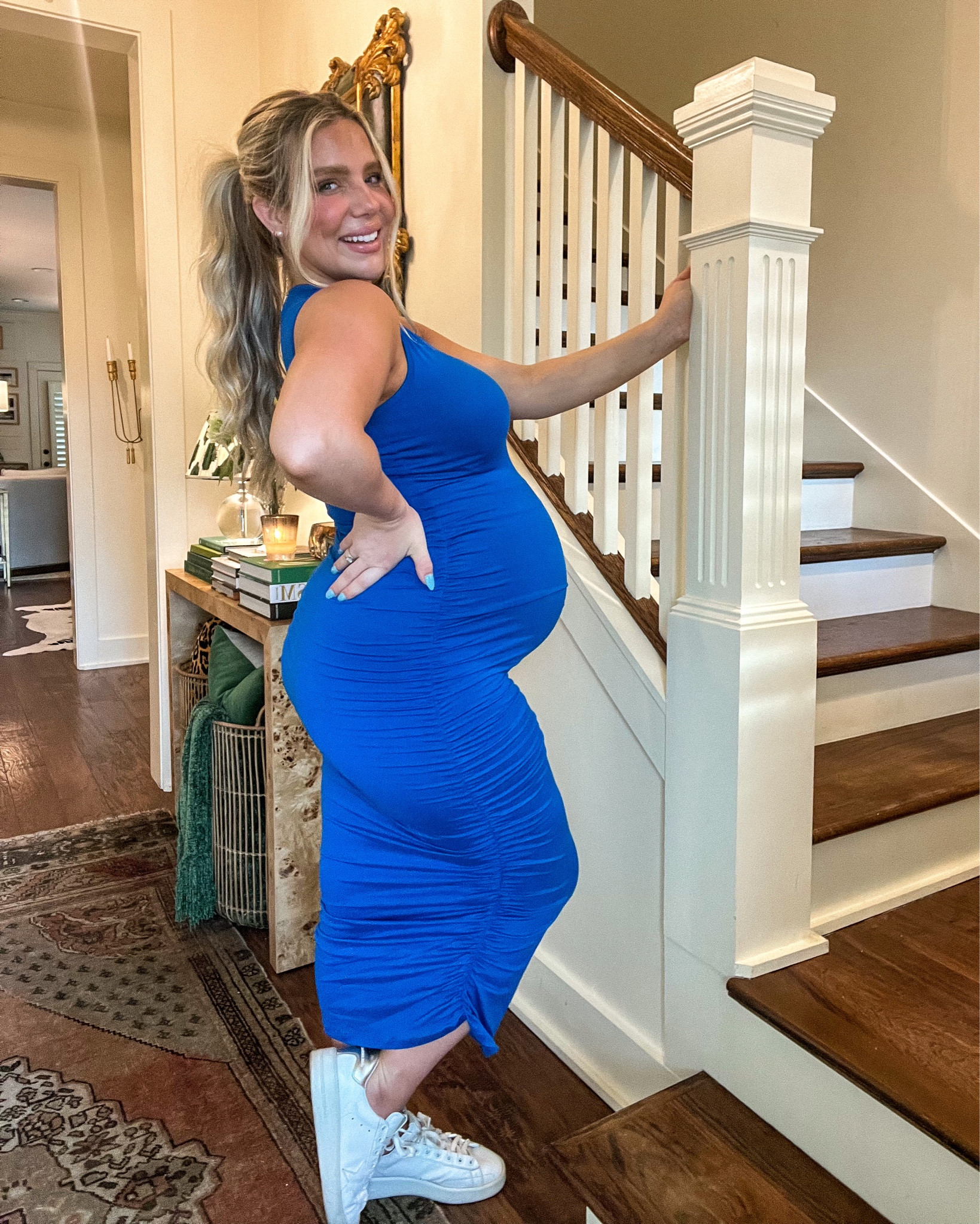 I felt like such a sassy, sexy mama in this dress! So comfortable, ruched midi in a blue jersey fabric that can be easily dressed up or down for so many occasions. Wearing here with sneakers and a ponytail to dress down, but could also wear with heels to dress up. Regular bra friendly! Wearing a size large at 33 weeks pregnant here. Also easily for non pregos too!!

#LTKbump #LTKunder100 #LTKSeasonal