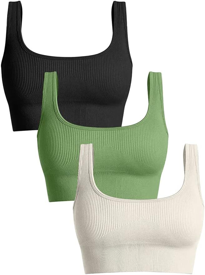 OQQ Women's 3 Piece Medium Support Tank Top Ribbed Seamless Removable Cups Workout Exercise Sport... | Amazon (US)