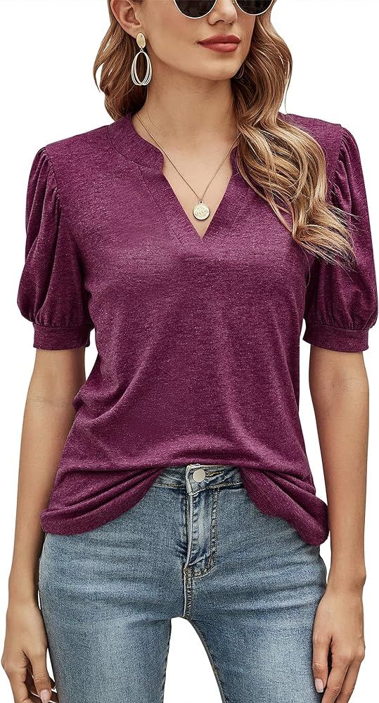 Romanstii Women Casual V-neck T-Shirts Loose Puff Short-Sleeve Tops Tunic Blouse | Amazon (US)