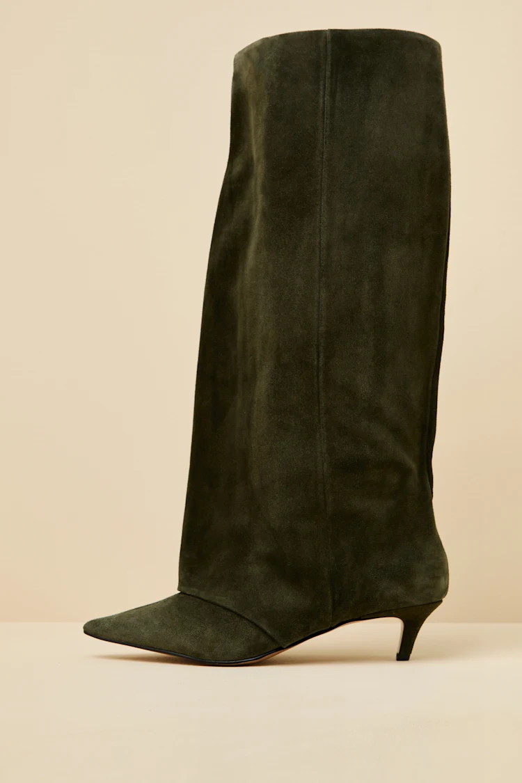 Luca Olive Suede Leather Slouchy Knee-High Kitten Heel Boots | Lulus