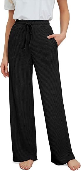 DEARCASE Women's Casual Pajama Pants Waffle Knit Drawstring Waist Wide Leg Palazzo Lounge Pants with | Amazon (US)