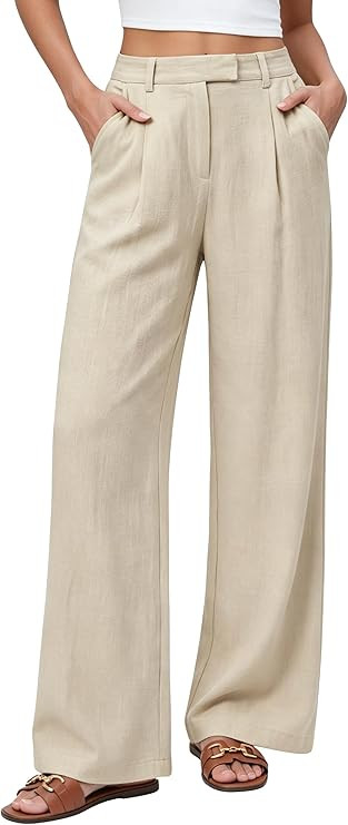 Allimy Womens Casual Wide Leg Pants High Waisted Business Trousers Dressy Back Elastic Linen Pant... | Amazon (US)