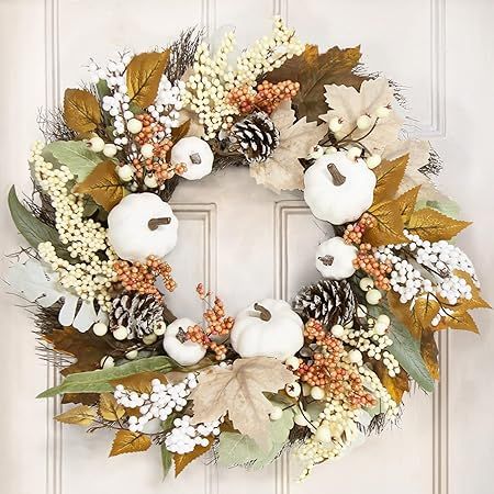 Fall Decor - Fall Wreaths for Front Door - 18 Inch Autumn Maples Leaf Pumpkin Pine Cone Berry Wre... | Amazon (US)