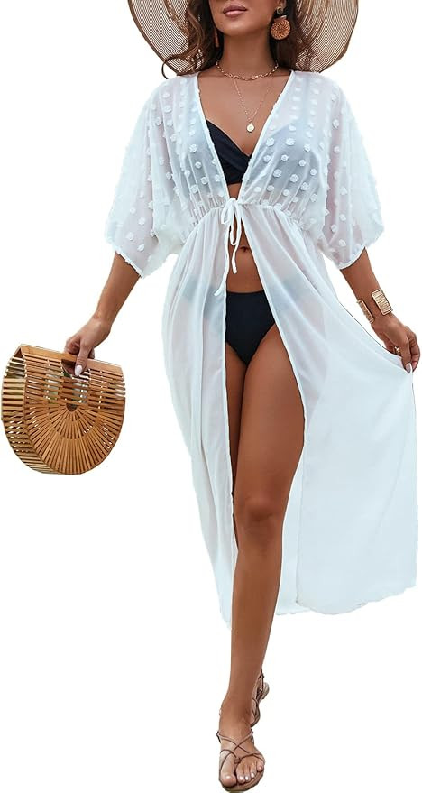 BMJL Women's Sexy Beach Swimsuit Cover Ups Sheer Long Kimono Cardigan with Drawstring Swiss Dot B... | Amazon (US)