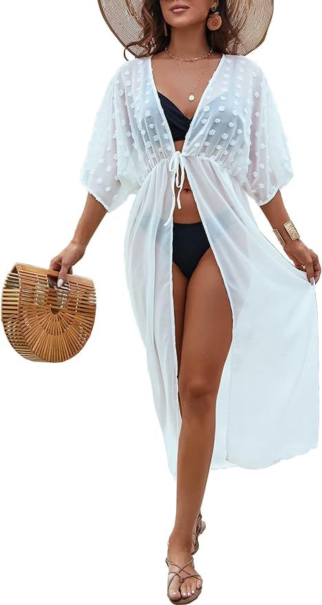 BMJL Women's Sexy Beach Swimsuit Cover Ups Sheer Long Kimono Cardigan with Drawstring Swiss Dot B... | Amazon (US)