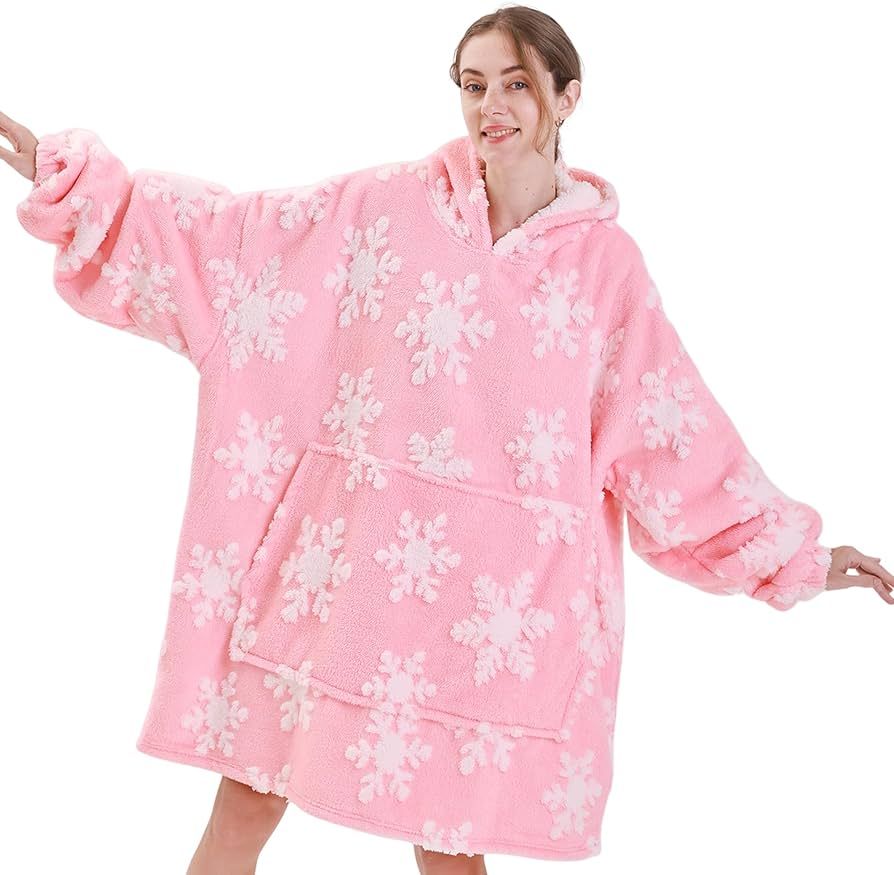 YIRDDEO Wearable Blanket Hoodie Soft Blanket with White Snowflake Tufted Pink Picnic Blankets Ove... | Amazon (US)