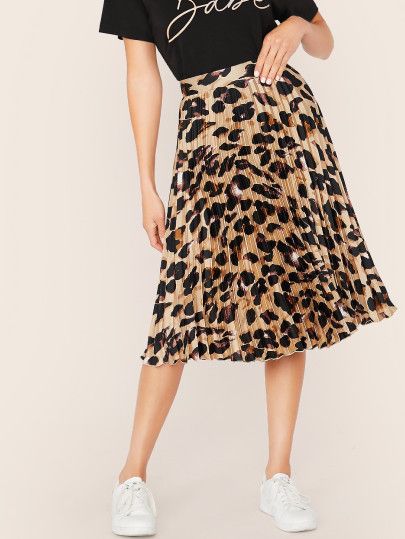 SHEIN Leopard Pleated Satin Skirt | SHEIN