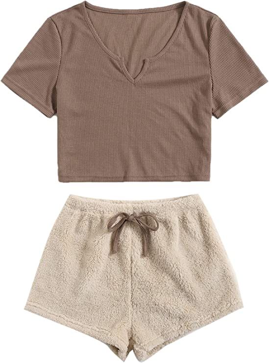 Milumia Women's 2PCS Pajama Set Notched Neck Short Sleeve Top and Flannel Shorts PJ | Amazon (US)