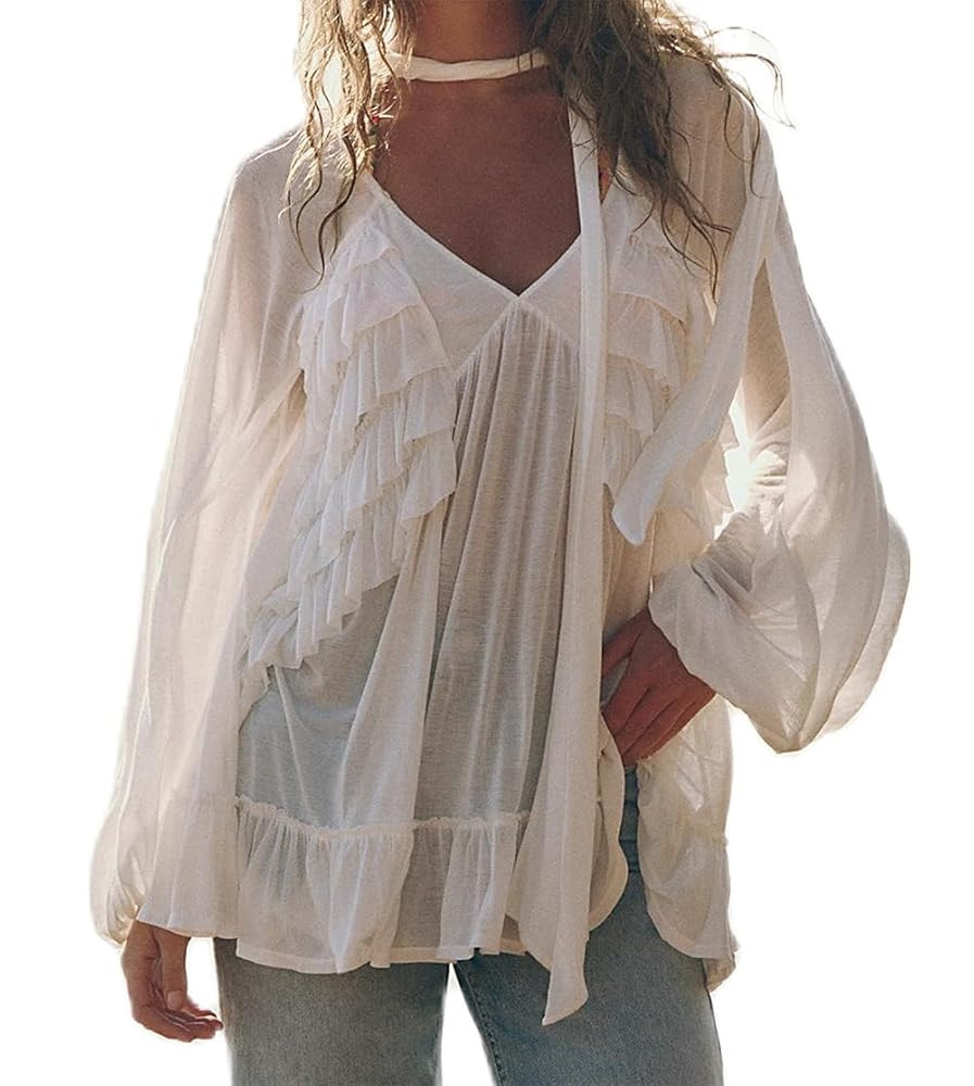 Women Ruffle Flowy Blouse Flare Sleeve Sheer Mesh Shirt Chiffon Frill Trim Layered Long Sleeve To... | Amazon (US)