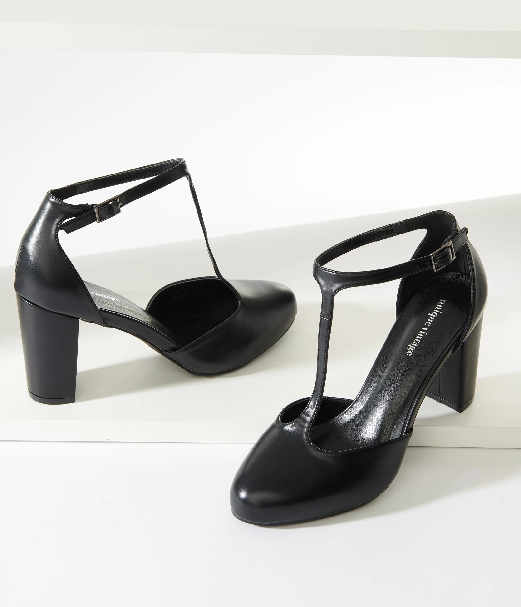 Unique Vintage Black Leatherette T-Strap Astaire Pumps | Unique Vintage - North America