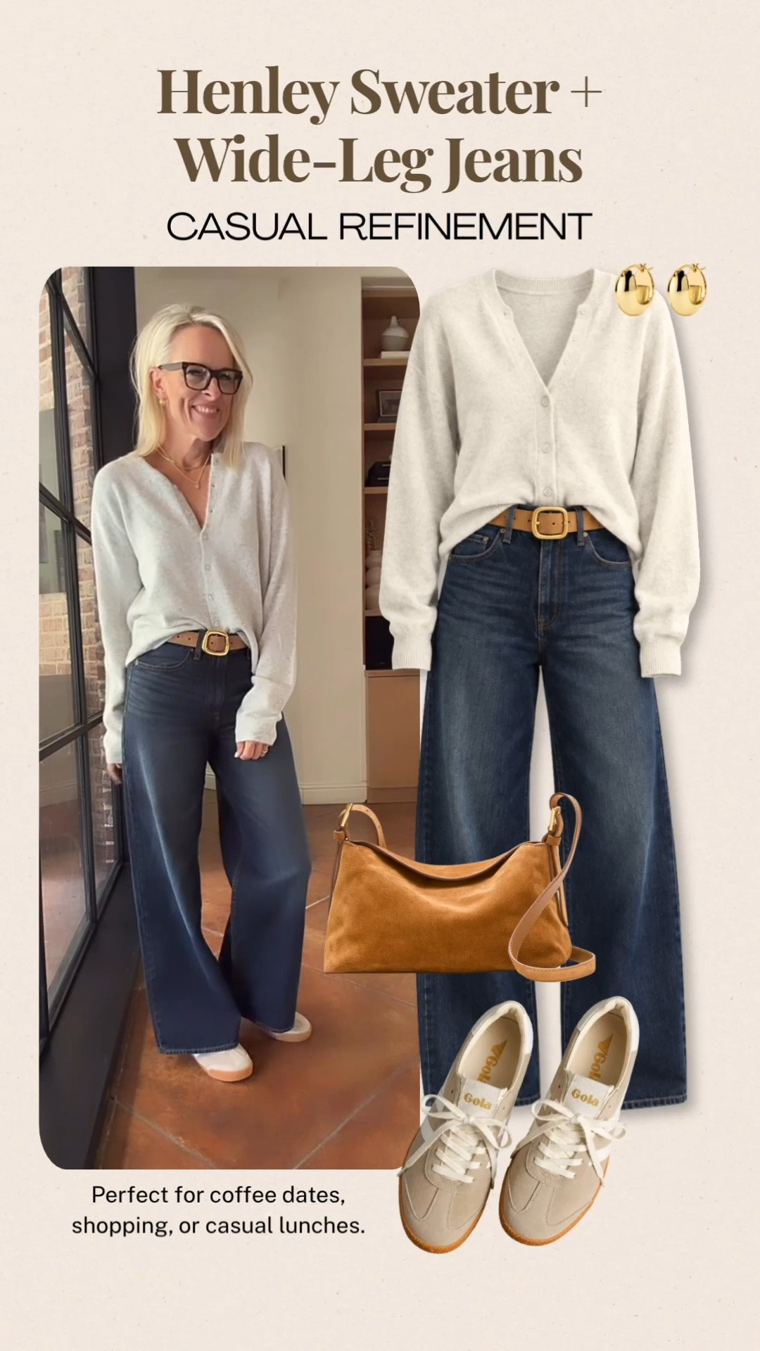 This soft ivory Henley sweater and dark-wash wide-leg jeans make such an easy, polished casual outfit. I love the simple button-front detail and how the warm cognac accessories add just the right amount of contrast. The color I’m wearing is almost sold out, but the sweater is available in several other colors, too. Perfect for coffee dates, shopping, or a casual lunch.