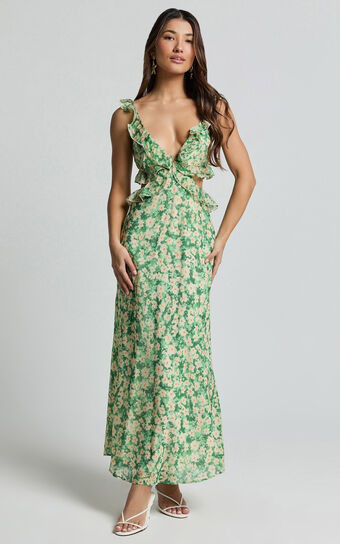 Dahlia Midi Dress - Ruffle Details Slip Dress in Green Floral | Showpo (US, UK & Europe)