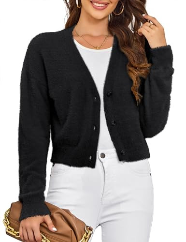 VERABENDI Womens Sweaters Fuzzy Drop Shoulder Buttons Cropped Black Cardigan for Women, Small | Amazon (US)
