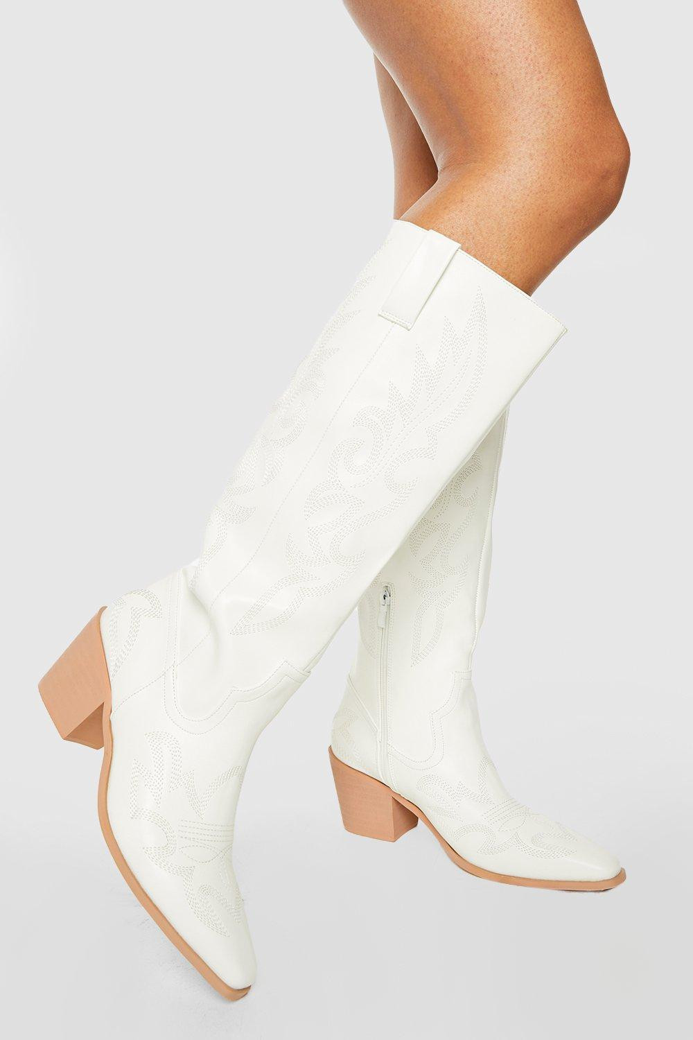 Womens Squared Off Knee High Western Cowboy Boots - White - 10 | Boohoo.com (US & CA)