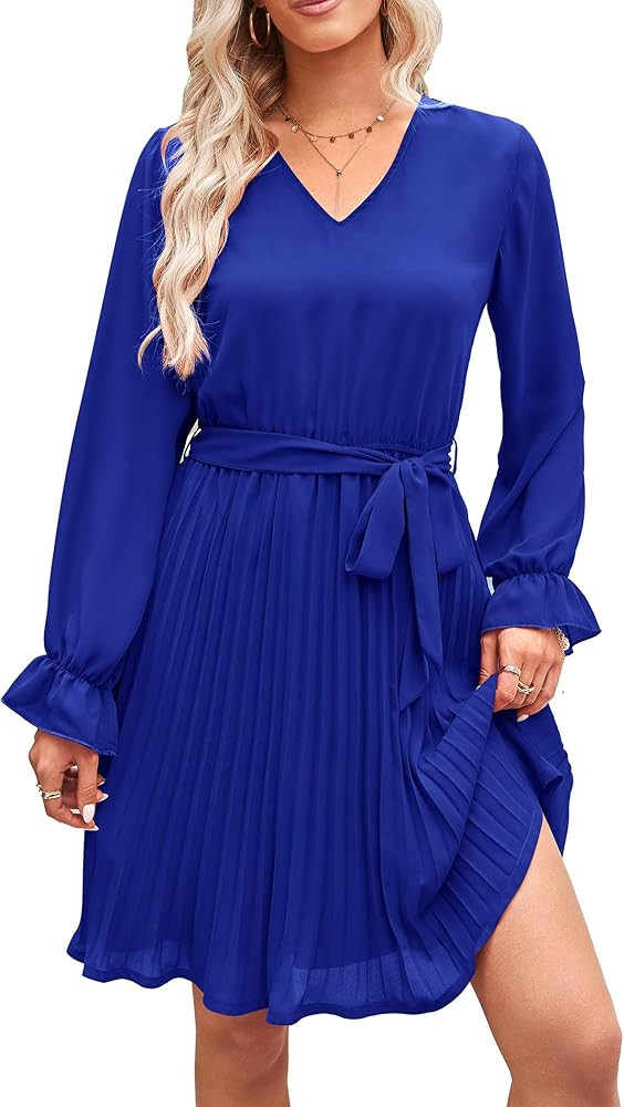 PRETTYGARDEN Women's Casual Spring Dresses Long Puff Sleeve V Neck Pleated Ruffle Flowy Belted Dr... | Amazon (US)