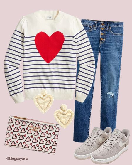 Valentines outfit idea, outfit inspo, red heart sweater, skinny jeans, suede sneakers, neutral sneakers, heart earrings, heart wallet #ltkshoecrush #ltkitbag #ltksalealert #ltkunder50 #ltkunder100 

#LTKstyletip #LTKFind #LTKSeasonal