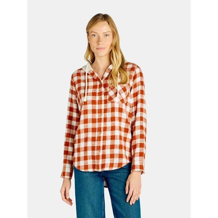 Time and Tru Women's Hooded Flannel Button Down Shirt with Long Sleeves, Sizes XS-XXXL | Walmart (US)