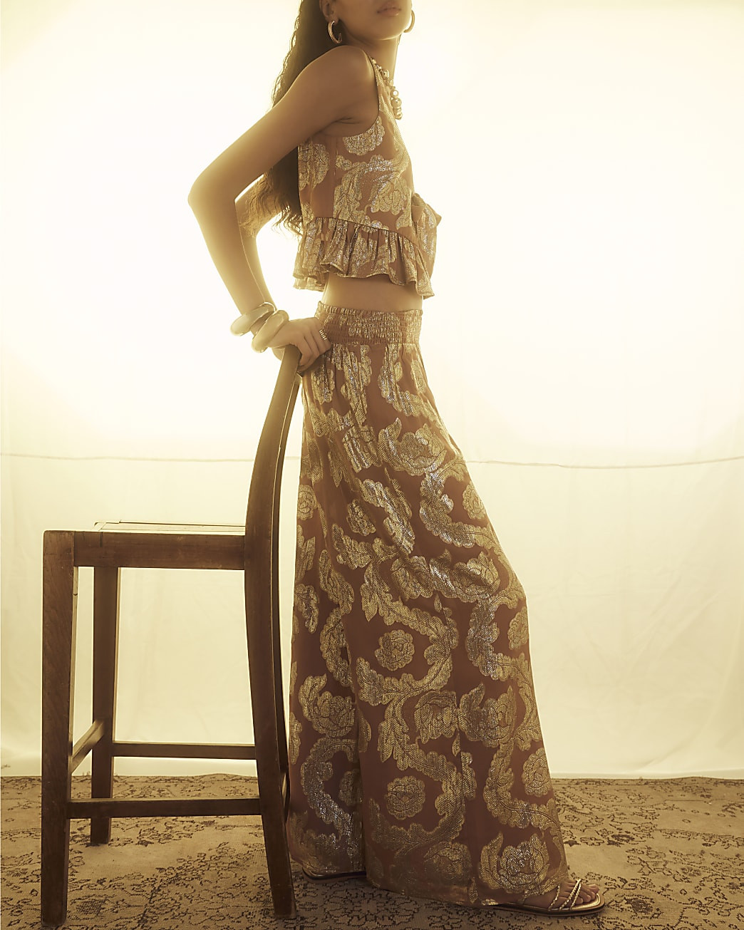 Brown Wide Leg Gold Floral Trousers | River Island UK & IE