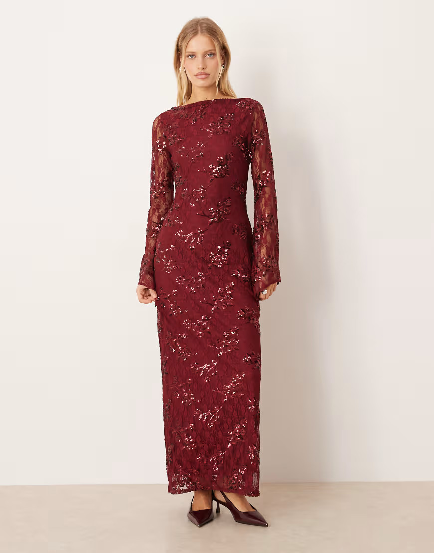 ASOS DESIGN sequins and lace midi dress in burgundy-Red | ASOS (Global)