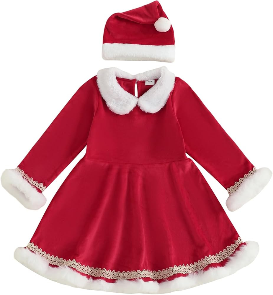 Toddler Baby Girl Christmas Outfit Santa Glitter Fur Long Sleeve A Line Dress for Party Cute Girl... | Amazon (US)