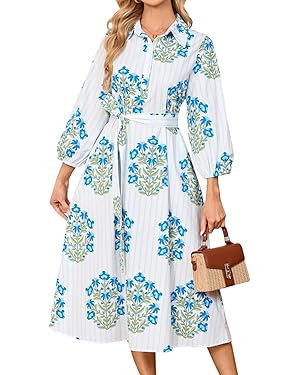 Womens Spring 2026 Casual Floral 3/4 Puff Sleeve Midi Shirt Dresses Button Down Belted Dress with... | Amazon (US)