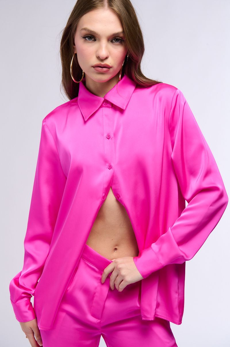 OPEN TO WHATEVER LONG SLEEVE SATIN BUTTON DOWN IN PINK | AKIRA