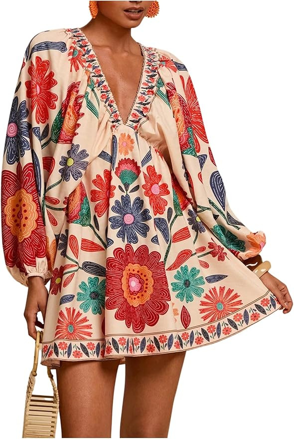 WDIRARA Women's Boho Floral V Neck Dress Lantern Sleeve Tie Back Flowy Short Babydoll Dresses | Amazon (US)