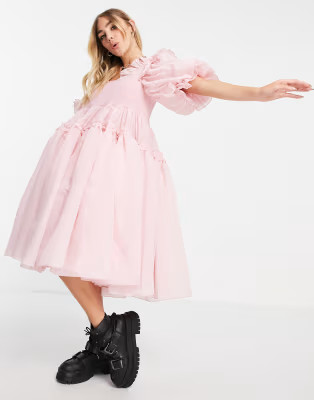 Sister Jane Eva organza smock dress with puff sleeves in pink | ASOS (Global)