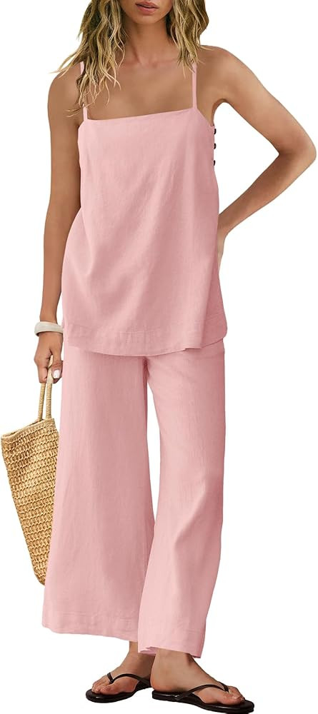 Panadila 2 Piece Linen Set Summer Travel Beach Vacation Outfit Sexy Spaghetti Strap Tank Top and ... | Amazon (US)