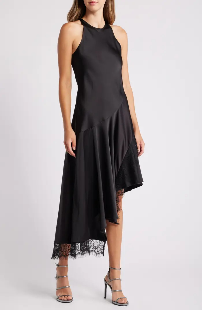 Lace Trim Asymmetric Hem Satin Dress | Nordstrom