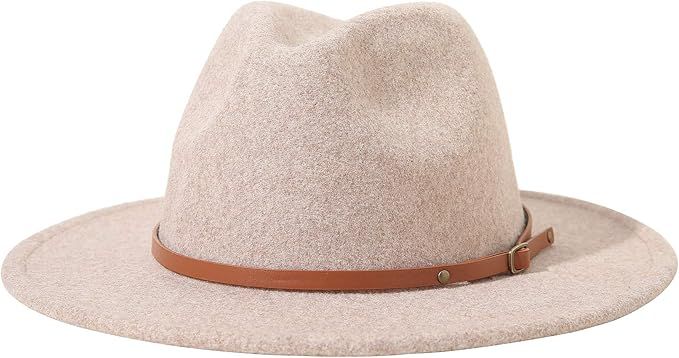 Lanzom Women Lady Classic Wool Fedora Hat Belt Buckle Wide Brim Panama Hat | Amazon (US)