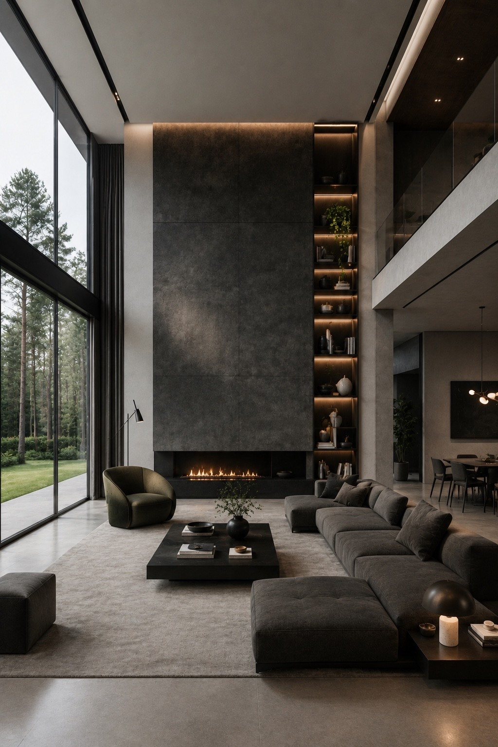 Dramatic double-height living room with deep charcoal tones, sleek architectural lines, and a refined luxury feel.

#livingroomdesign #modernlivingroom #luxurylivingroom #moodyinteriors #interiordesign #homedecor #darkinterior #architecturaldesign #doubleheightceiling #modernhome #livingroominspo #interiorinspo #eleganthome #softluxury #refinedinteriors #warmminimalism #statementinterior #pinteresthome #ltkhome #contemporaryliving