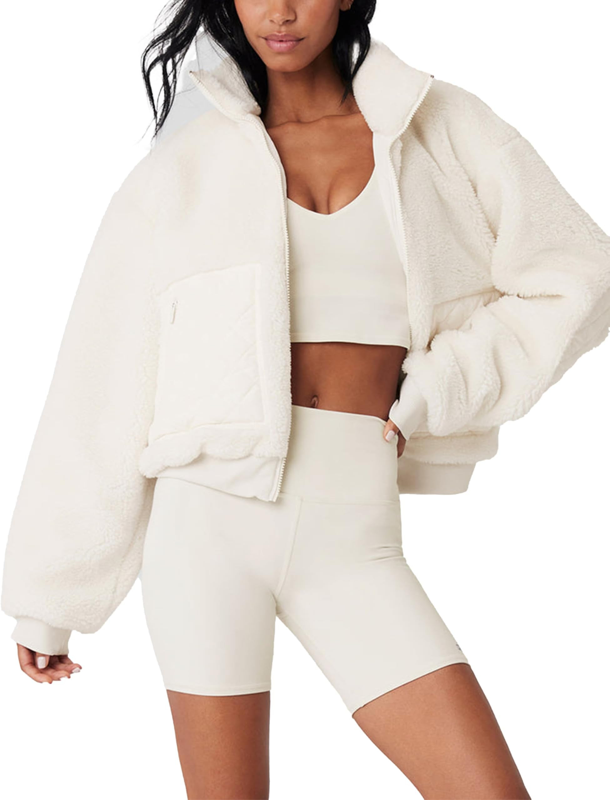 QINSEN Women's Full Zip Fleece Short Jacket Warm Winter Long Sleeve Stand Collar Sherpa Crop Coat | Amazon (US)