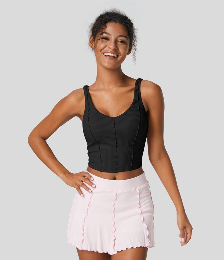 Ribbed Backless Lettuce Trim Cropped Yoga Tank Top | HALARA